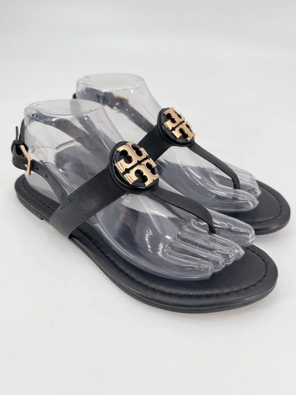 Tory Burch Black Leather Bryce Thong Logo Sandals 8